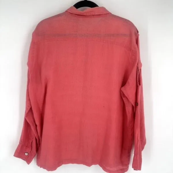 Vintage Chico’s 100% Linen Pink Bombay‎ Button Down Shirt Size XL Roll Tab - Image 2