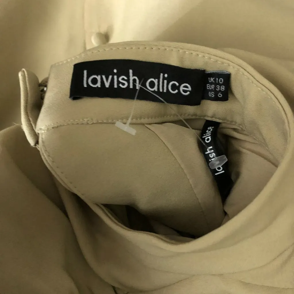 Lavish Alice High Neck Pleated Raglan Mini Dress Open Back Belted Beige 6 - Image 3