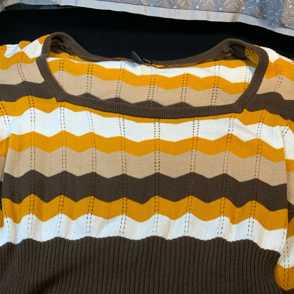 H&M Size Large Brown Pointelle Knit Tunic Dress Chevron print 70’s BoHo Chic - Image 5