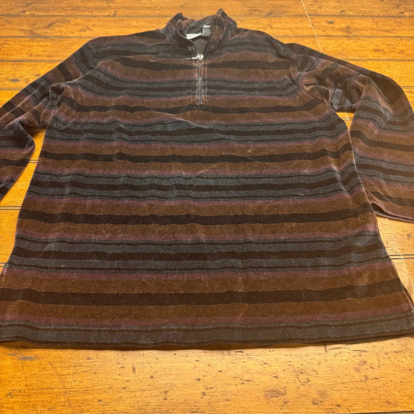 Velour vintage Quarter Zip Pullover striped Top Medium capacity knits vtg Brown - Image 7
