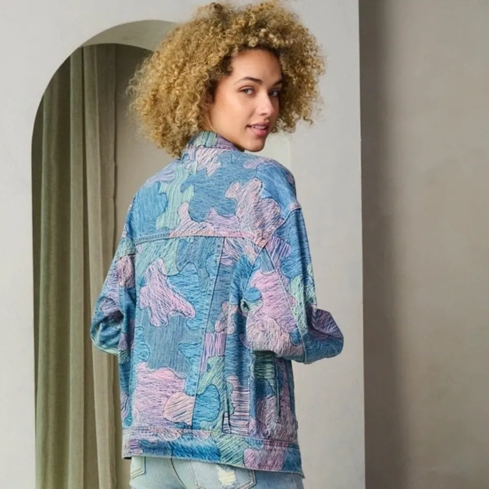 Signature 8 Denim Jacket Pastel Print Women's Jean Jacket Casual Easter Sz S NWT Blue - Image 3