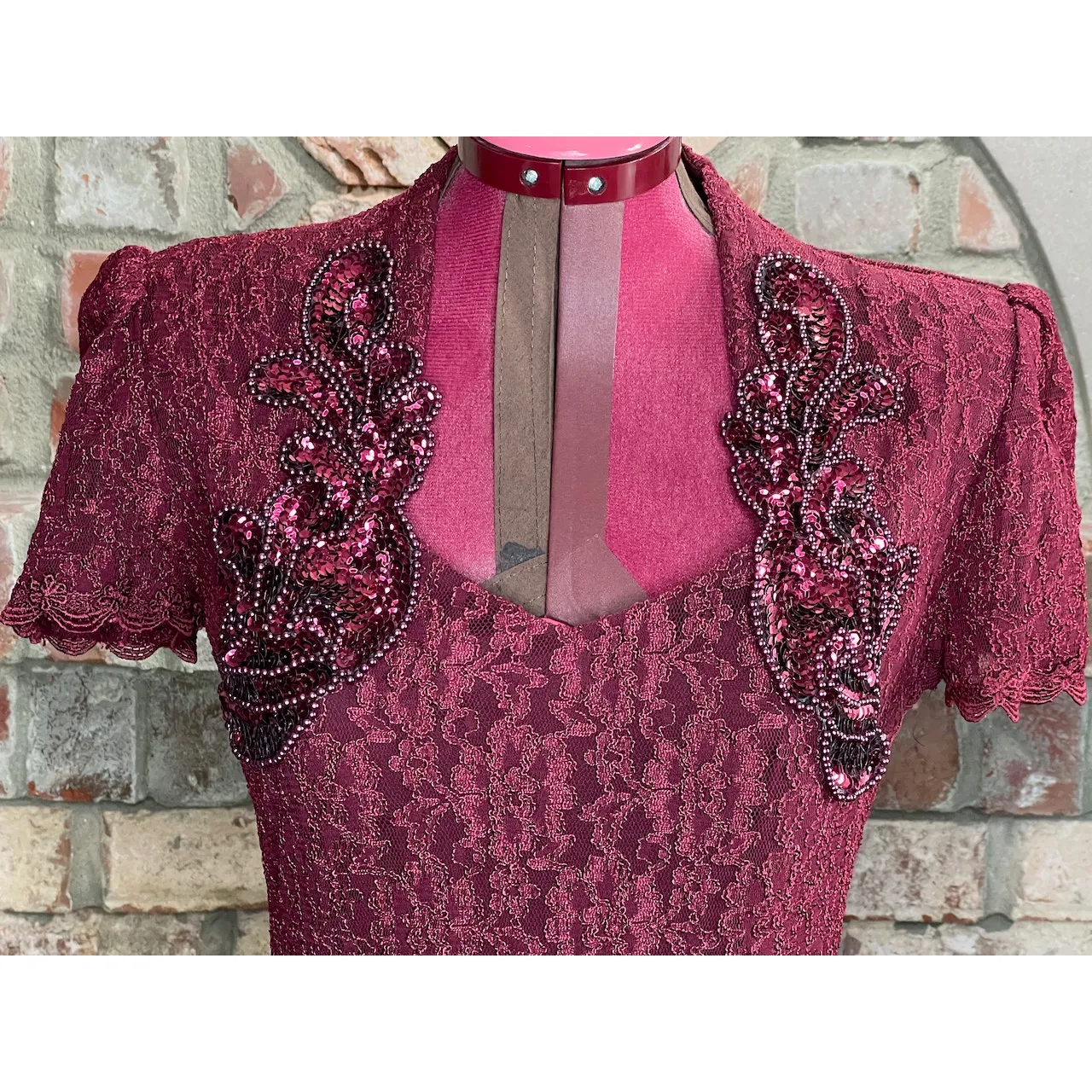 formal dress prom maroon wine red lace beaded fringe Size M - Image 3