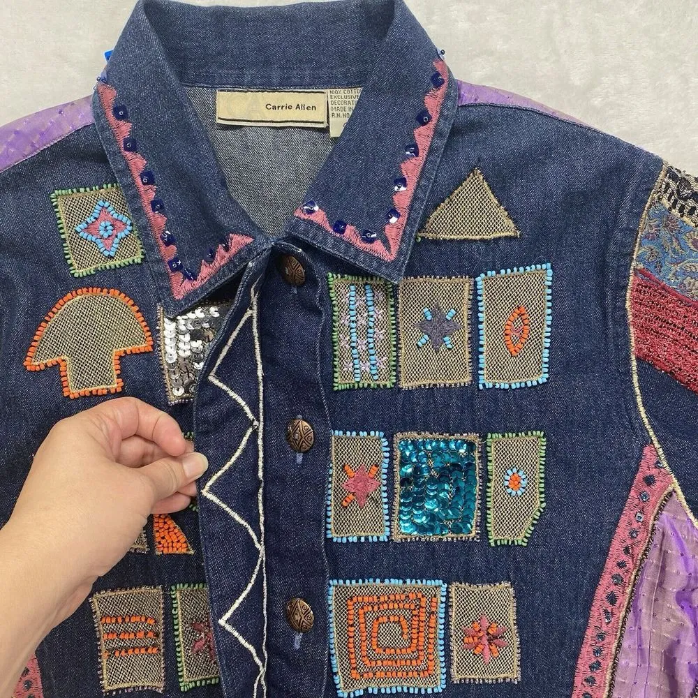Vintage Carrie Allen Women's Jacket Large Denim Embroidered Bohemian Art to wear - Image 4