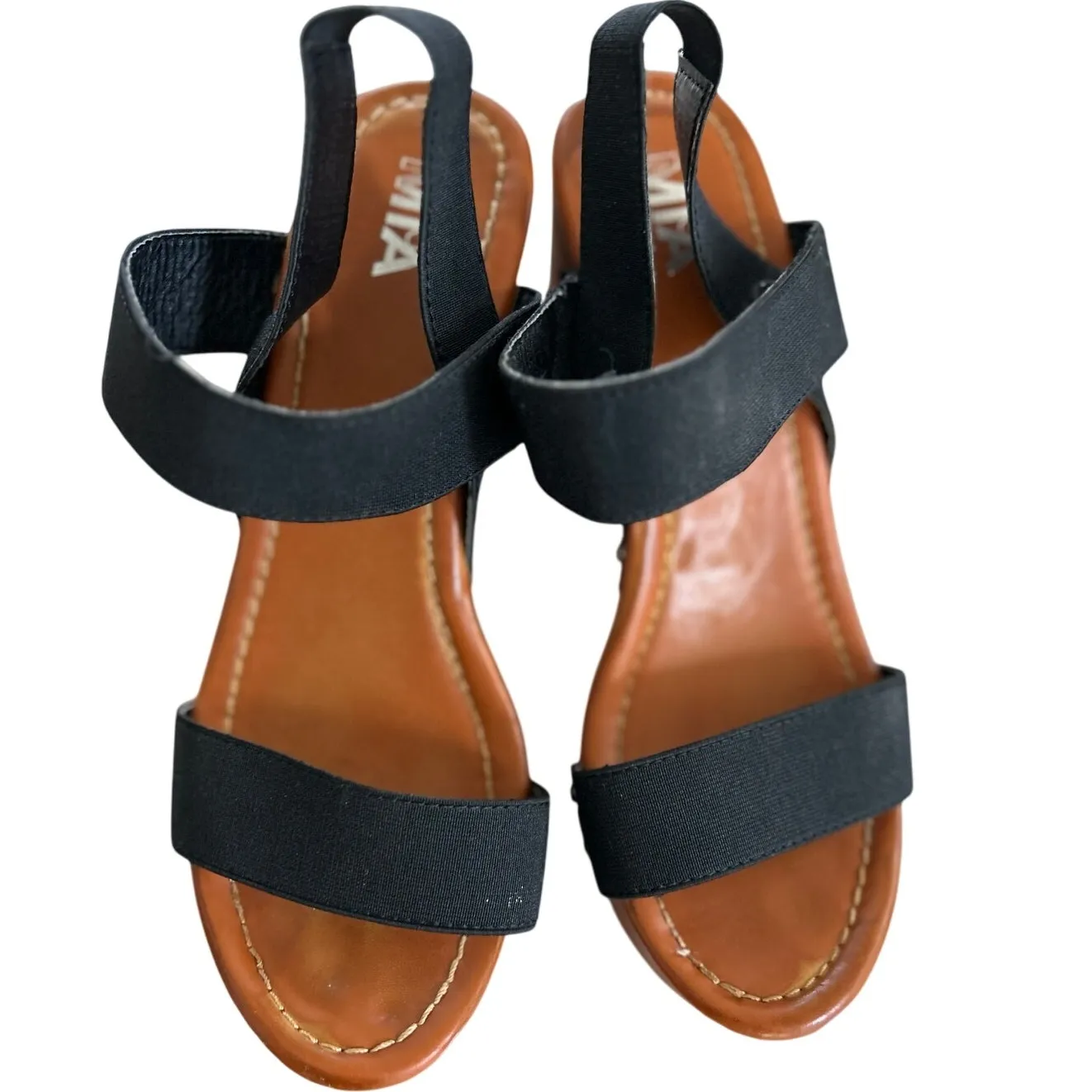 MIA Faux Brown Wood & Black Studded Platform Heeled Sandals - Image 3