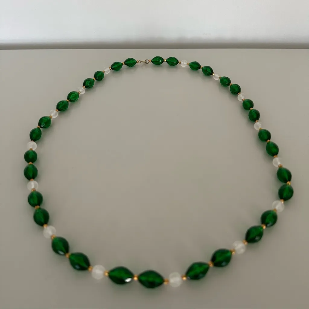 Anthropologie Vintage Beaded Necklace in Emerald Green, Gold, and Frosted Clear - Image 5