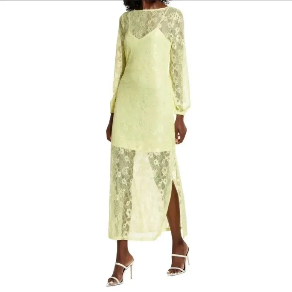 Open Edit Sheer Lace Long Sleeve Maxi Dress Yellow Elfin Size Large - Image 2