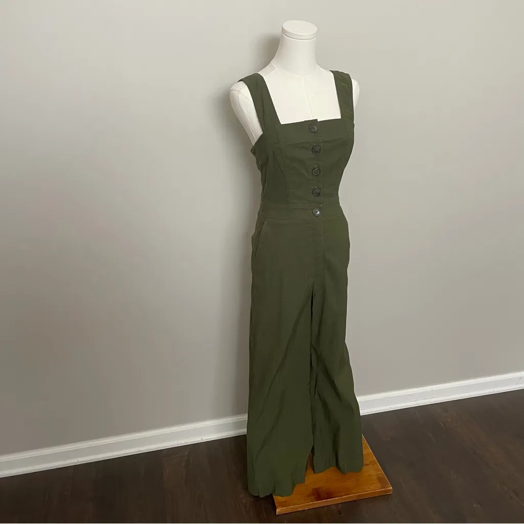 Anthropologie Maeve Jumpsuit The Colette Wide Leg Square Neck Button Olive Green - Image 4