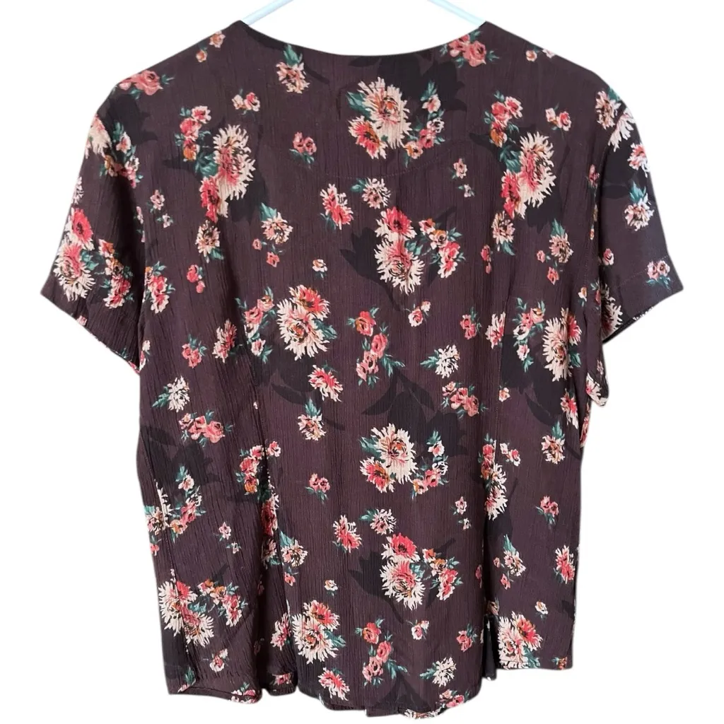 Vintage Liz Wear Floral Rayon Crewneck Button Down Short Sleeve Top Small Brown - Image 2