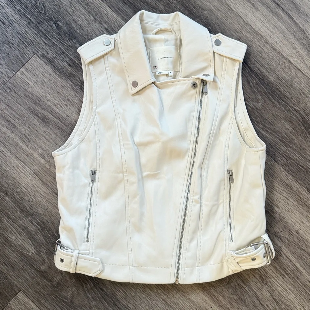 By Anthropologie Cream Faux Leather Jacket Cropped Moto Vest Small - Image 2