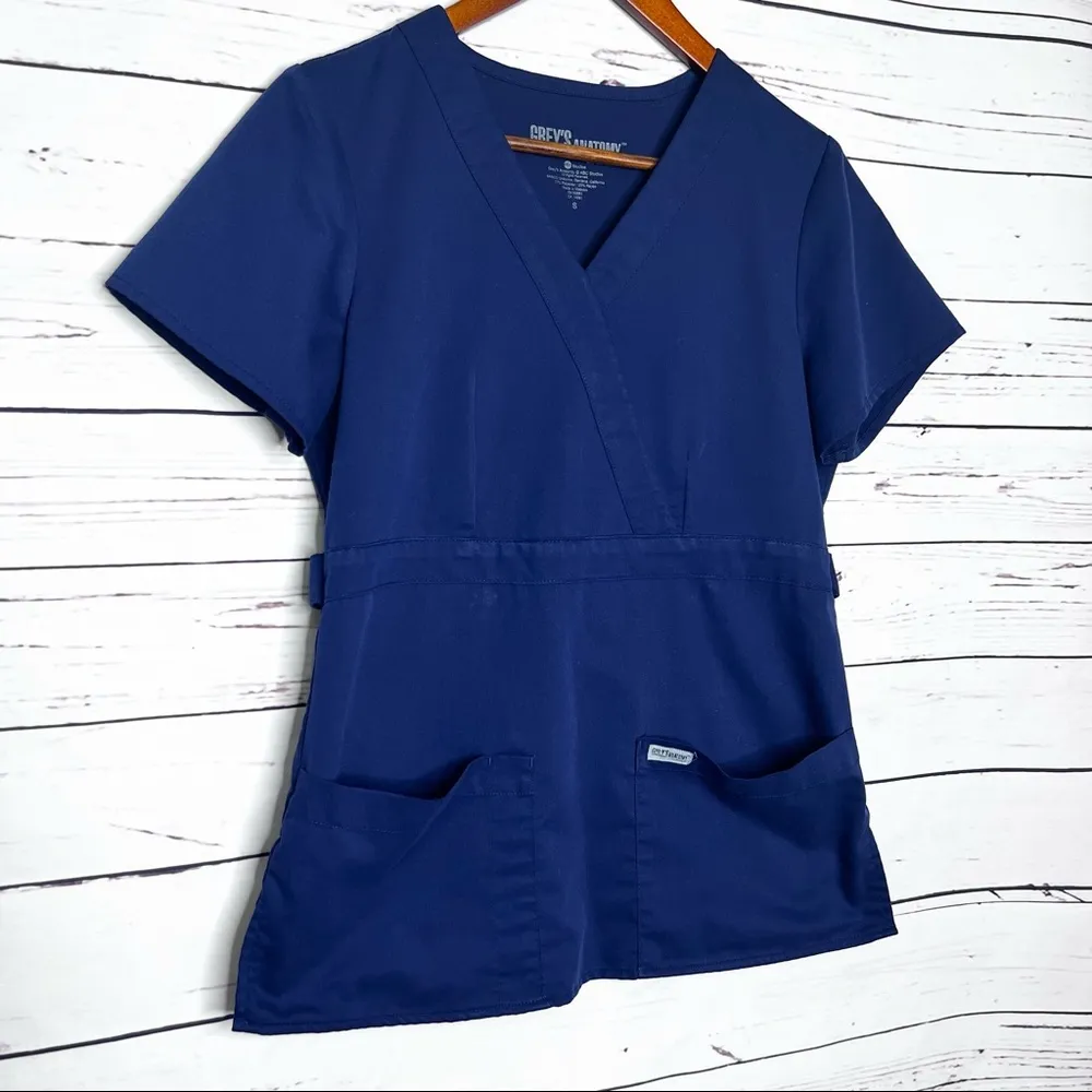Grey's Anatomy Women's 3-Pocket Modern Fit Mock Wrap Scrub Top Blue Size Small - Image 3