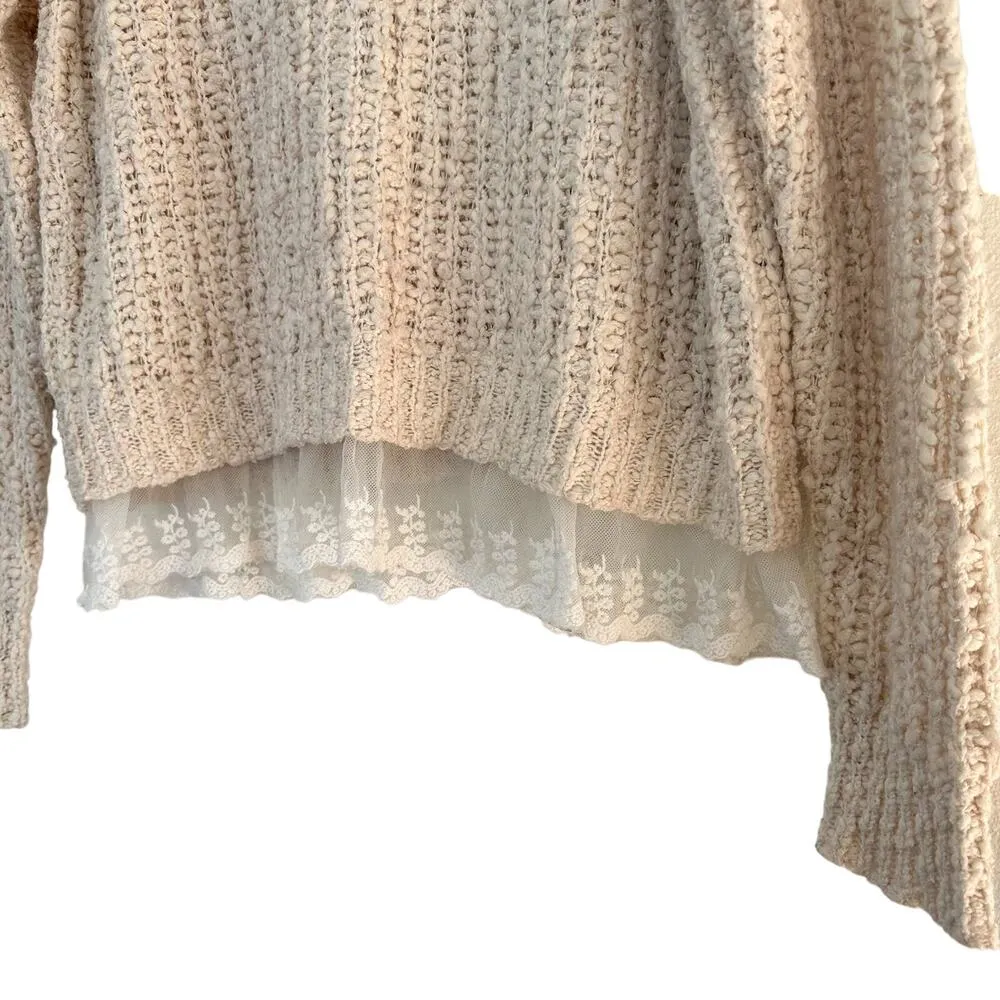 POL Coquette Sweater Popcorn Knit Sweater with Lace Collar and Hem Cream - Image 2