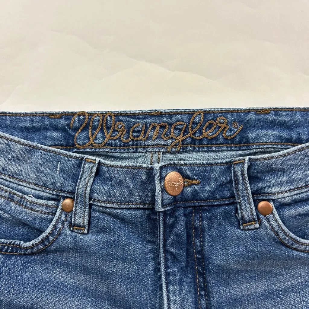 LONG Wrangler Blue Stretch Denim High Rise Extreme Flare Jeans 30 - Image 3