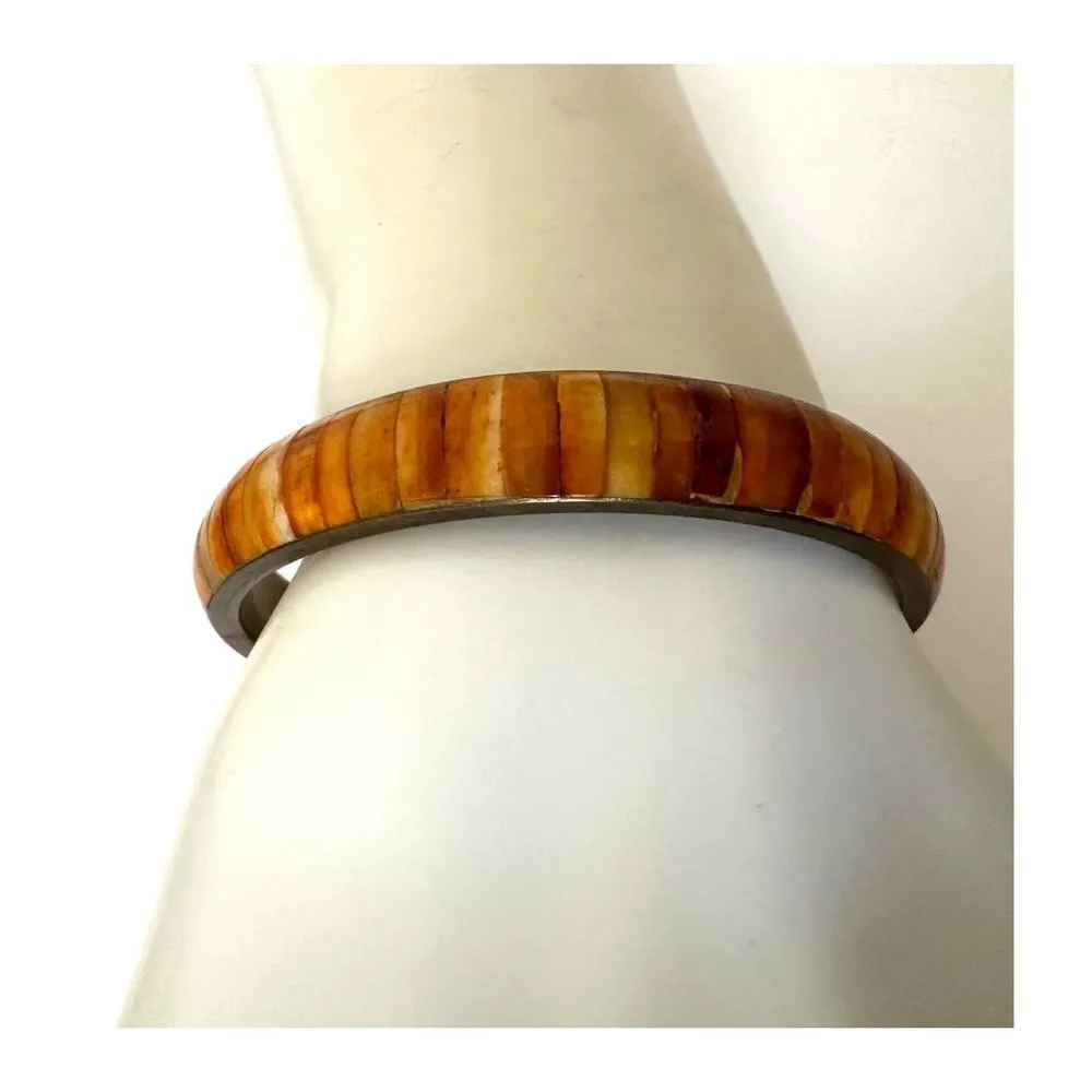 Orange dyed horn brass bangle bracelet - Image 2