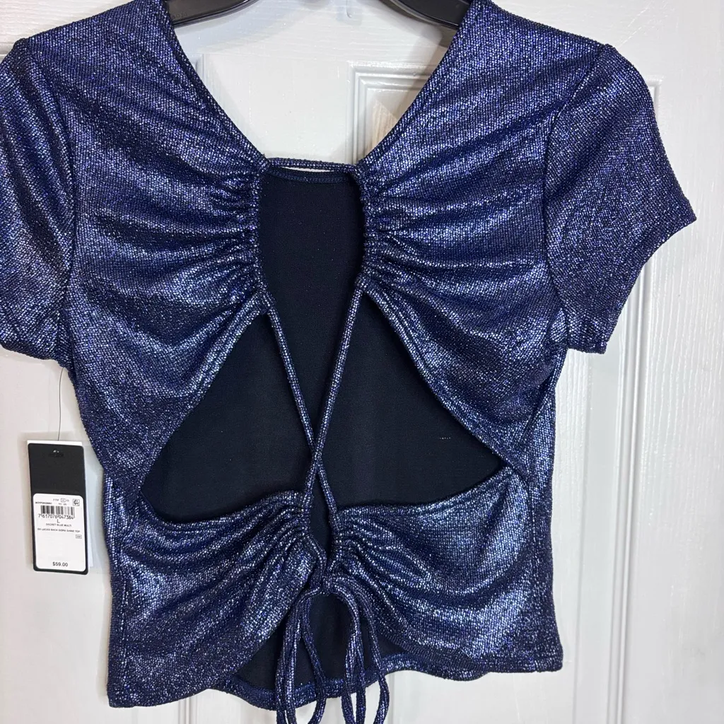 Guess Laced Back Sidra Shine Top NWT Blue Open Back Glitter Crop top Large - Image 7
