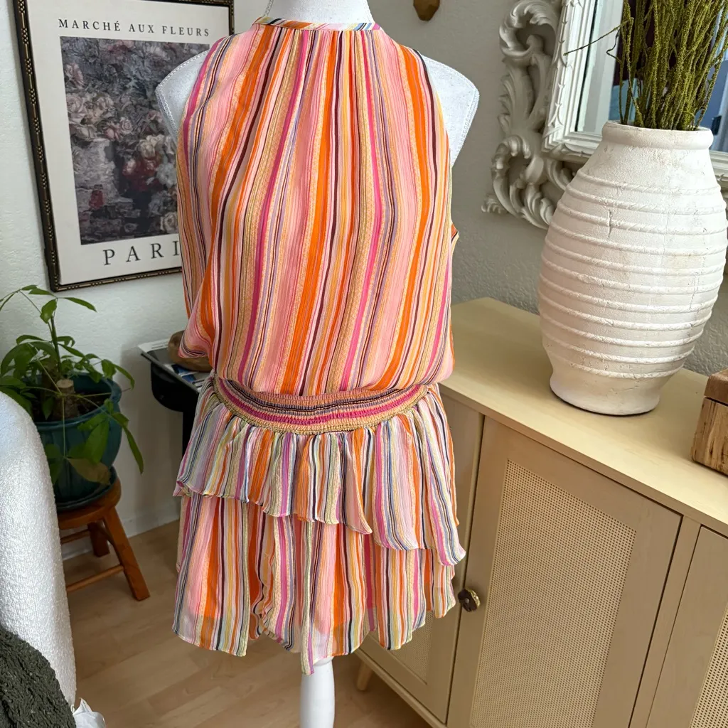 RAMY BROOK Tobie Striped Smocked Waist Sleeveless Orange Silk Mini Dres Size M - Image 4