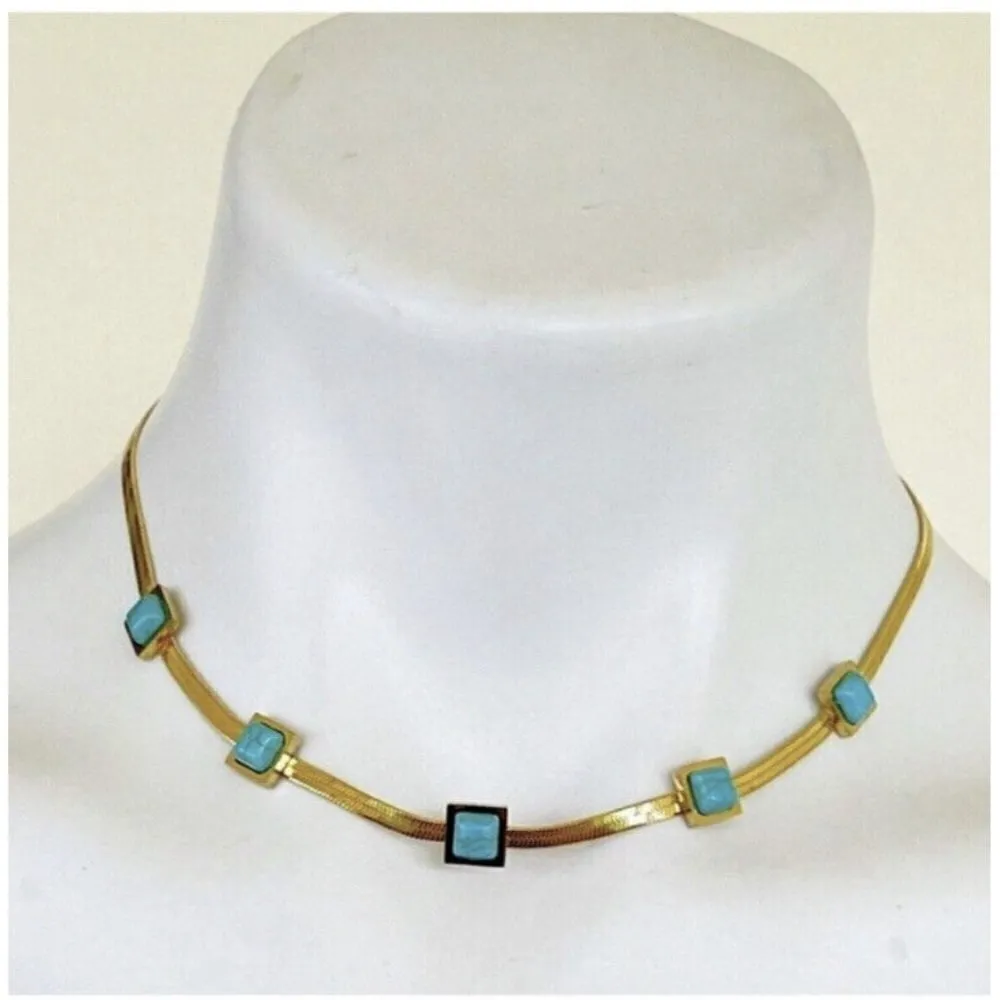 18K Gold Plated turquoise Herringbone necklace Snake Womens Jewelry - Image 5