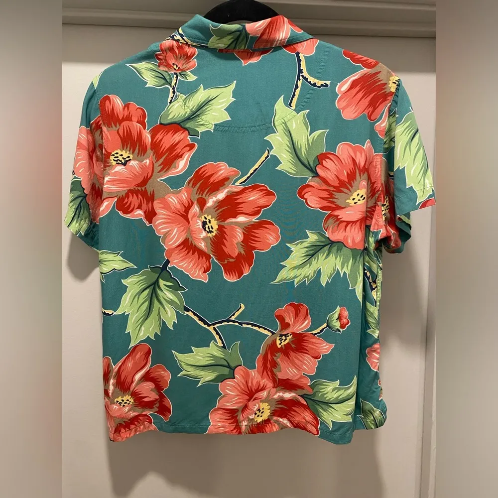 VTG 90s Liz Claiborne Green & Red Tropical Floral Button-Up Collared Shirt - SP - Image 10