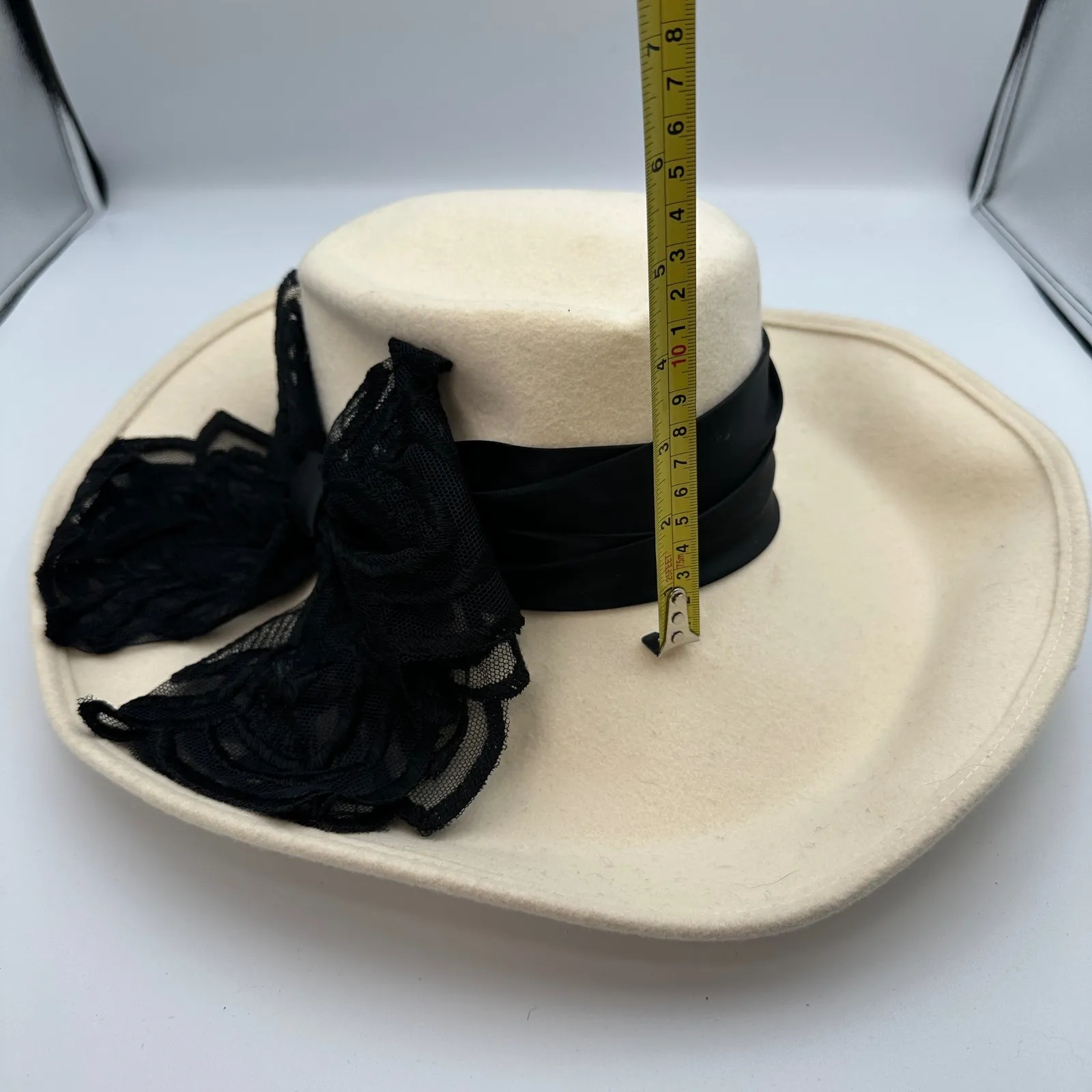 Vintage Joe Bill Miller Wool Hat Cream Black Lace Bow Derby Dress‎ Hats Made USA - Image 10