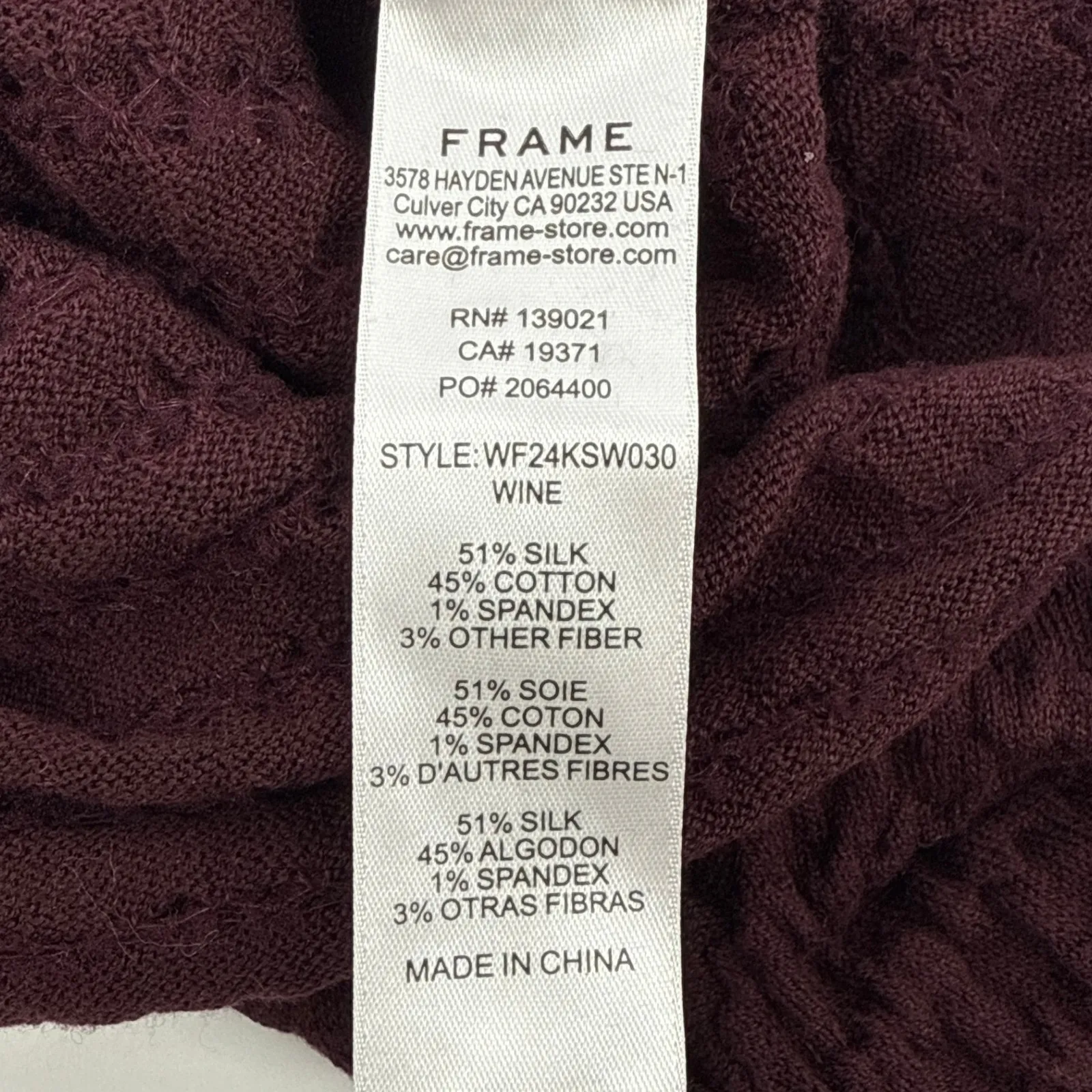 NEW NWT FRAME Womens Smocked Silk-Cotton Long Sleeve Crewneck Top Large Wine‎ - Image 8