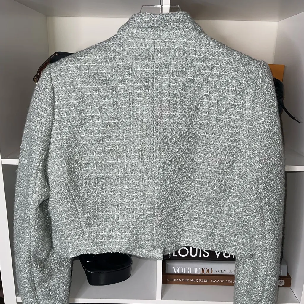 Express Tweed Metallic Cropped Button Front Blazer in Olive Silver Details - Image 12