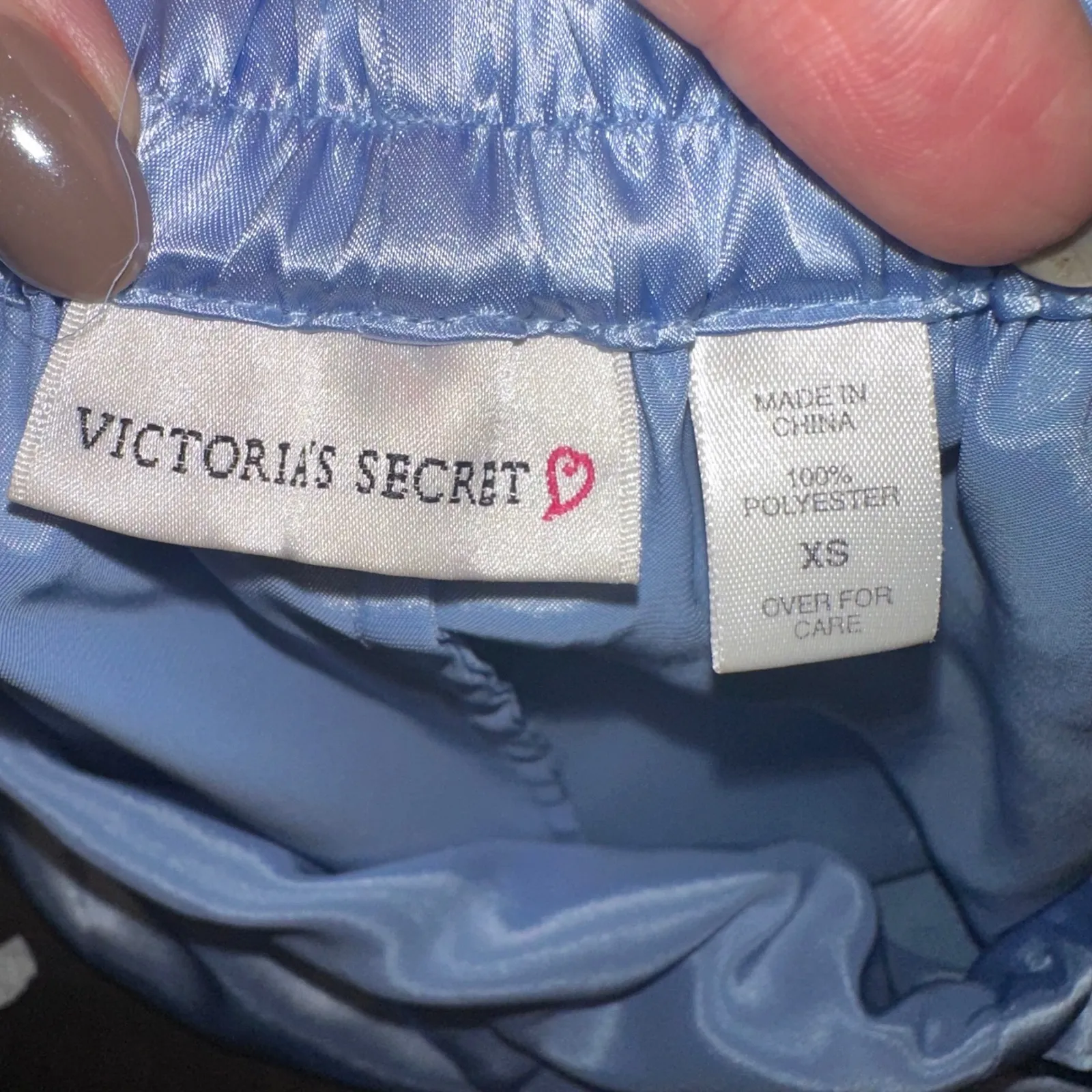 Victorias Secret Y2K Pajama Set XS Blue Satin Sleepwear Lounge Green Trim Shorts - Image 3