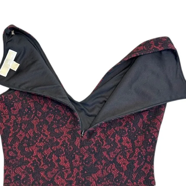 Michael Kors Bodycon Dress Sleeveless V-Neck Burgundy‎ Black Pattern Lace Size 2 - Image 14