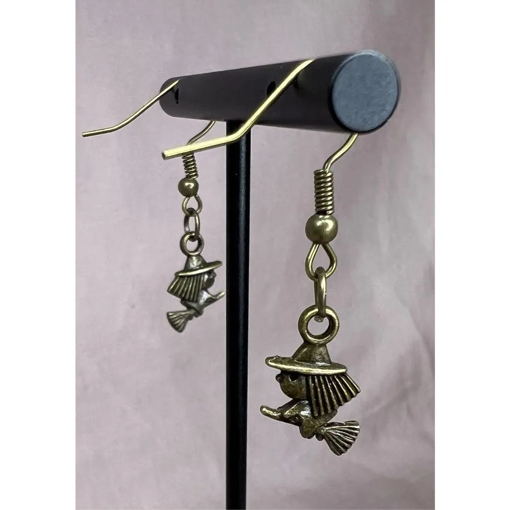 Handmade Dangly Bronze Witch On Broomstick Earrings - Image 2