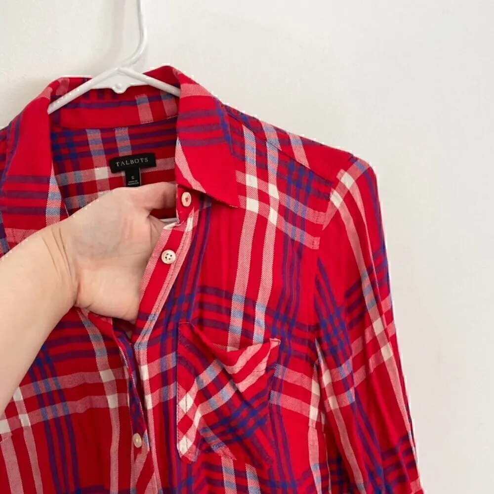 TALBOTS Red White Blue Plaid Long Sleeve 100% Rayon Button Down Shirt / Tunic S - Image 6