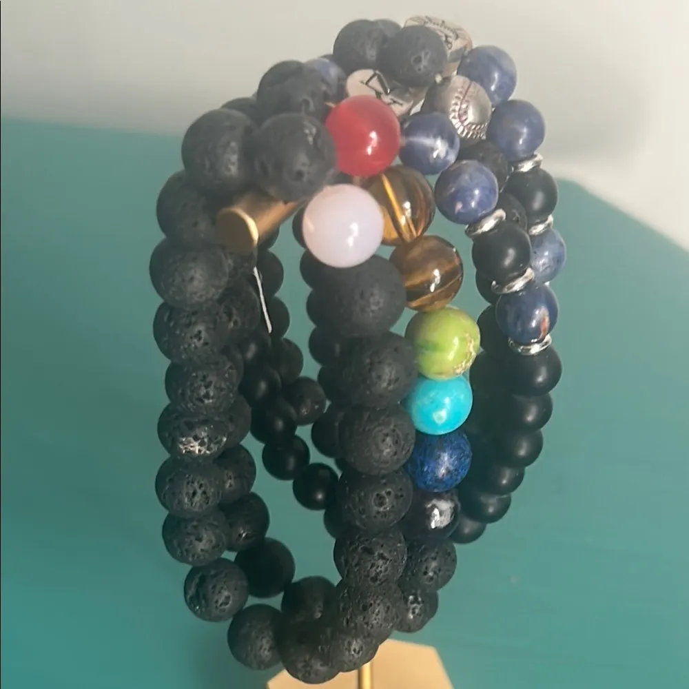 5 Piece Set Vibrant Crystal Lava Bead Charm Stretch Bracelets Collection Black - Image 4