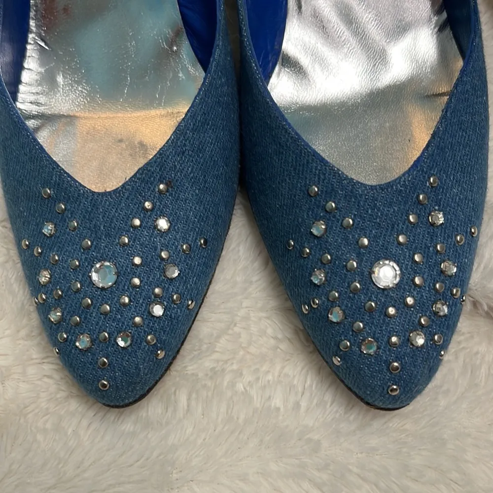 Stuart Weitzman Blue Denim Heels with Silver Rhinestone Accents - Image 7