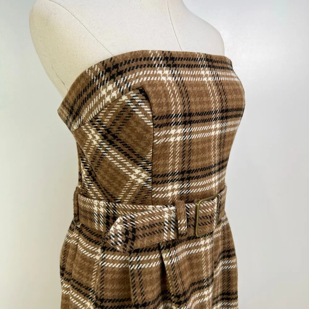 By Anthropologie Strapless Belted Midi Dress Brown Plaid - Image 8