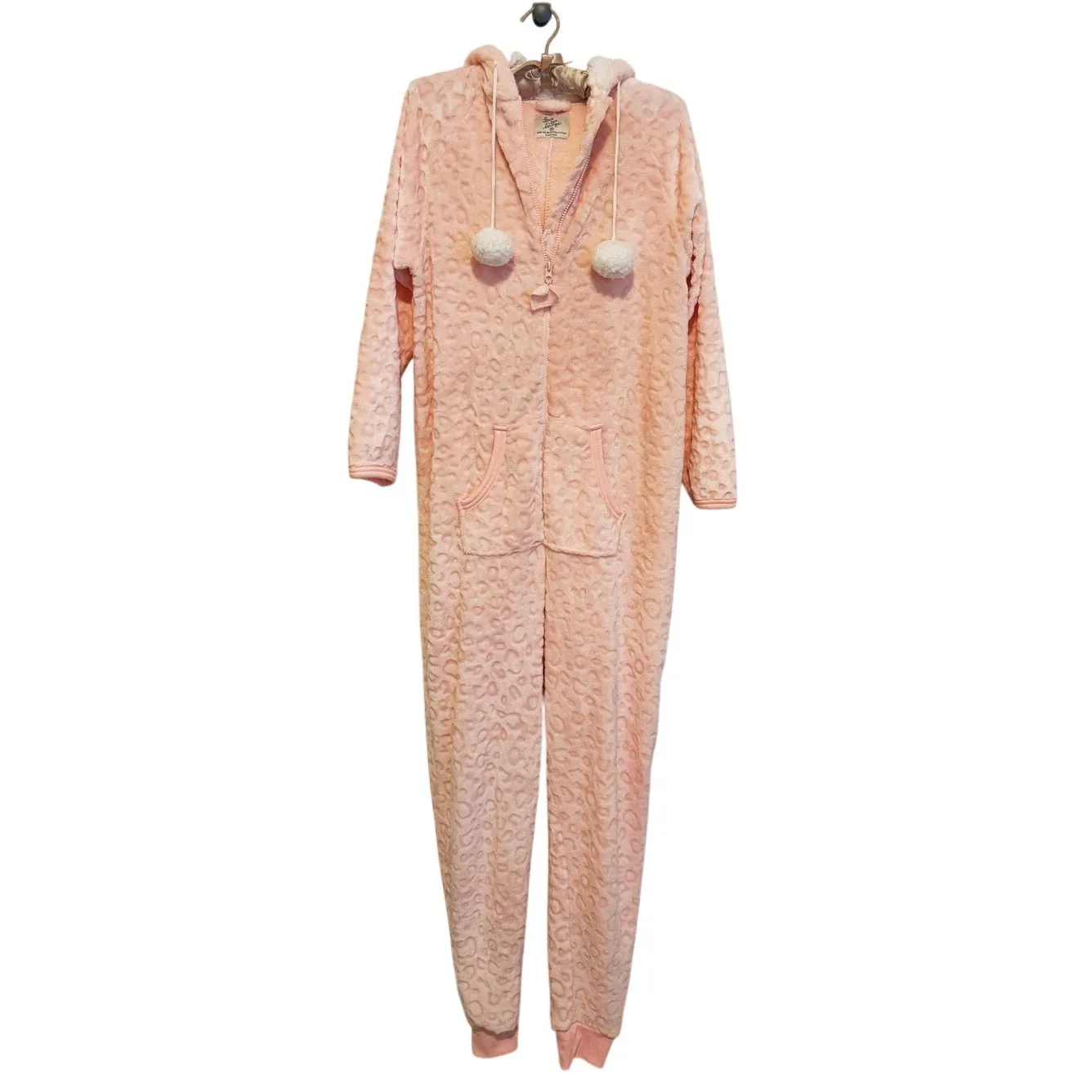 Love to Lounge Fleece Pom Pom Hooded Onesie Medium Pink Cozy Lounge Sleepwear - Image 2