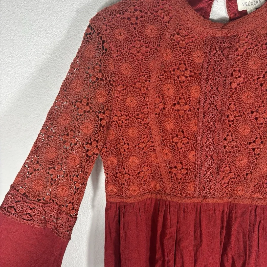 Velzera Terracotta Boho Long Eyelet Sleeve Crochet Lace Dress Casual Size Small - Image 3