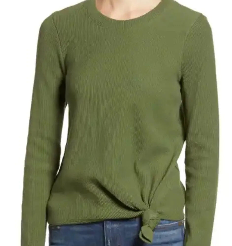 Madewell size large lusterweave crop shirt long sleeve tie front ribbed green - Image 2