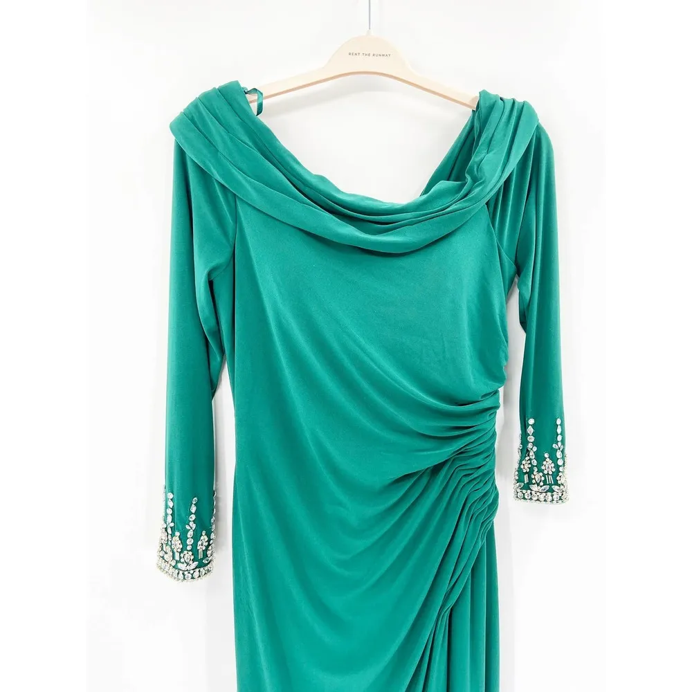 Mac Duggal Asymmetric Neck Long Sleeve Jeweled Emerald Green Formal Gown Size 10 - Image 4