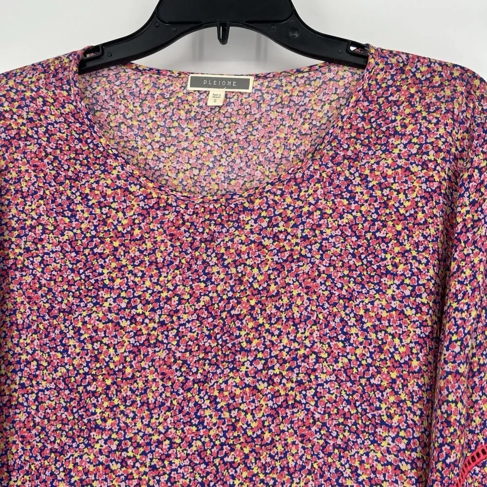 Pleione Womens Ditsy Floral Boho Top Pink 3/4 Balloon Sleeves Crochet Size S - Image 2