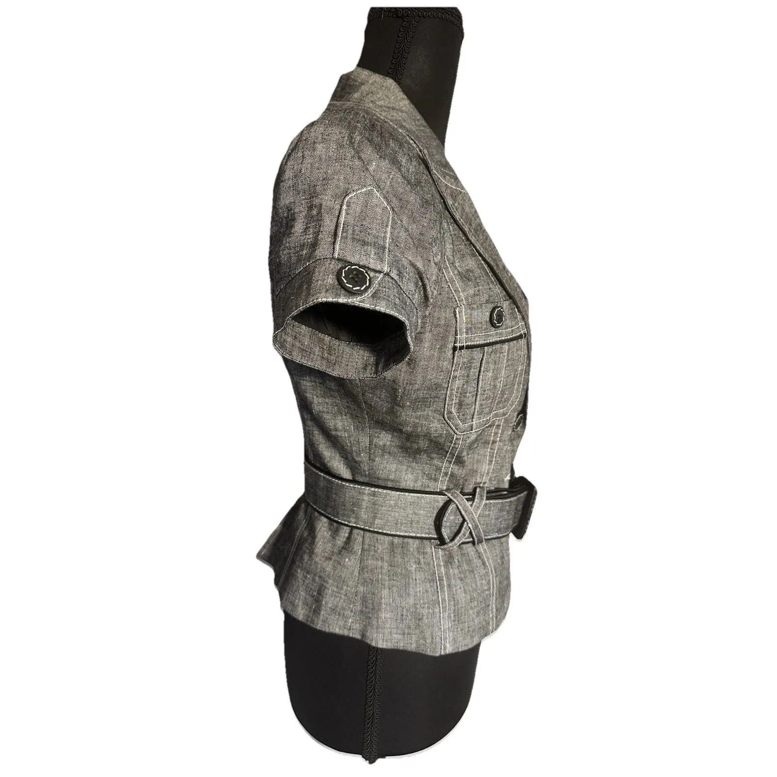 Vintage YTK Bebe Gray Baddie Short Sleeve Linen Blend Belted Woman’s Blazer Sz 6 - Image 5