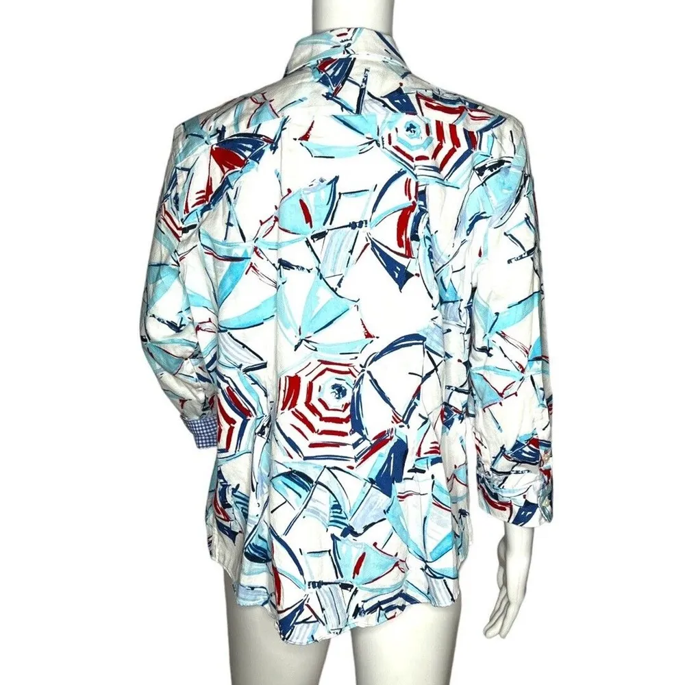 Chaps Shirt Women XL Petite Red White Blue Umbrella Print Button Up Picnic Beach - Image 4