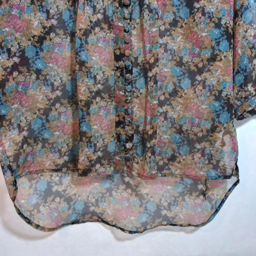 I Jeans By Buffalo Dark Floral Boho Sheer Ruffle Button Up Top Size Small Green - Image 3