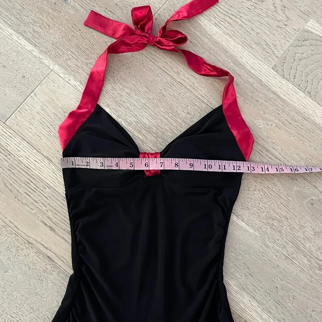 Y2K Taboo Black Red Halter Dress Satin Trim Jersey Stretch Pin Up XS - Image 8