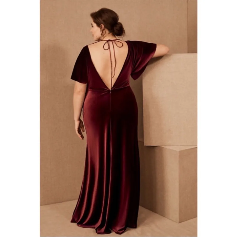 BHLDN Jenny Yoo Ellis Flutter-Sleeve Open-Back Stretch Velvet Gown Dark Berry 12 - Image 10