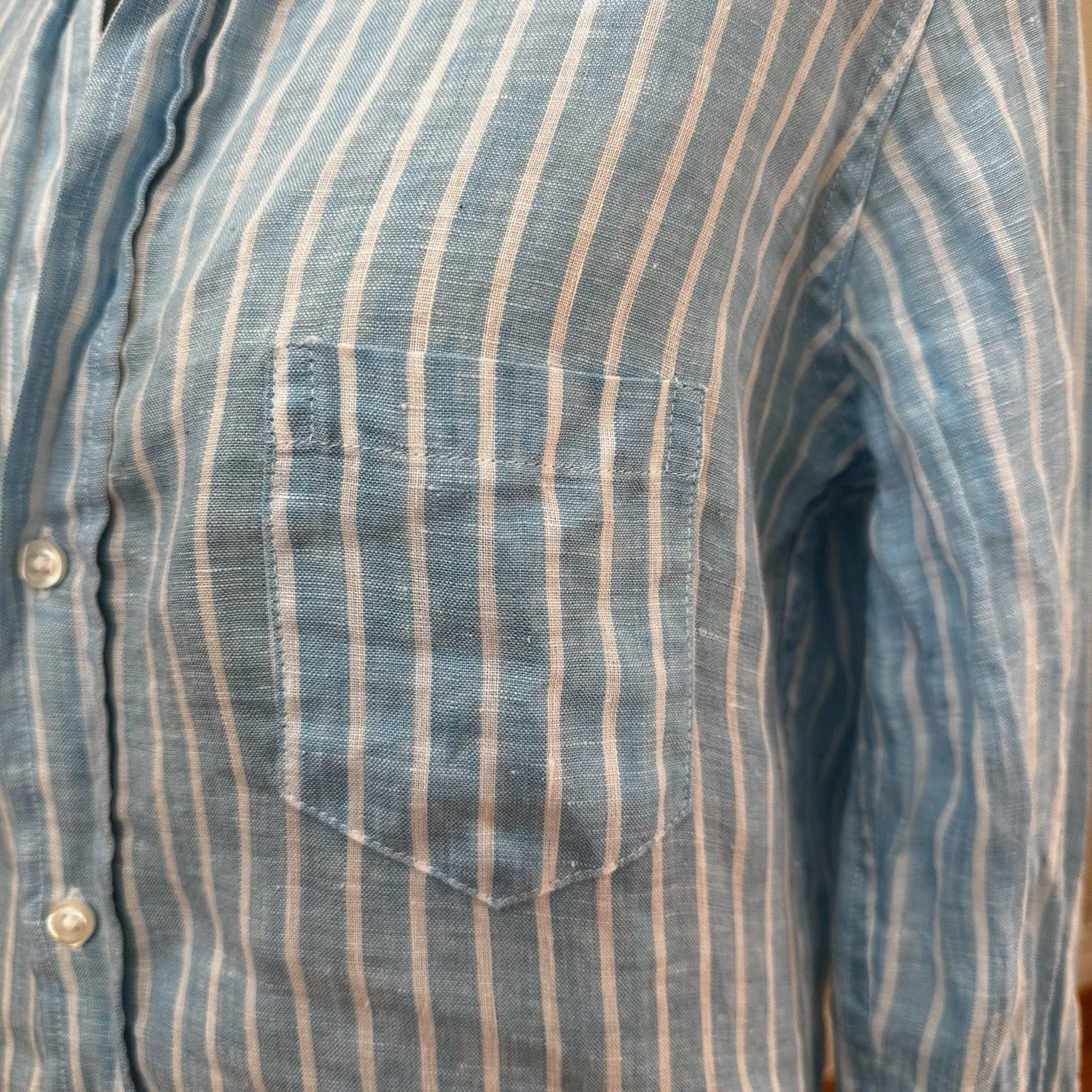 Frank & Eileen Barry Tailored Button Striped Shirt S READ Preppy Coastal Linen - Image 11