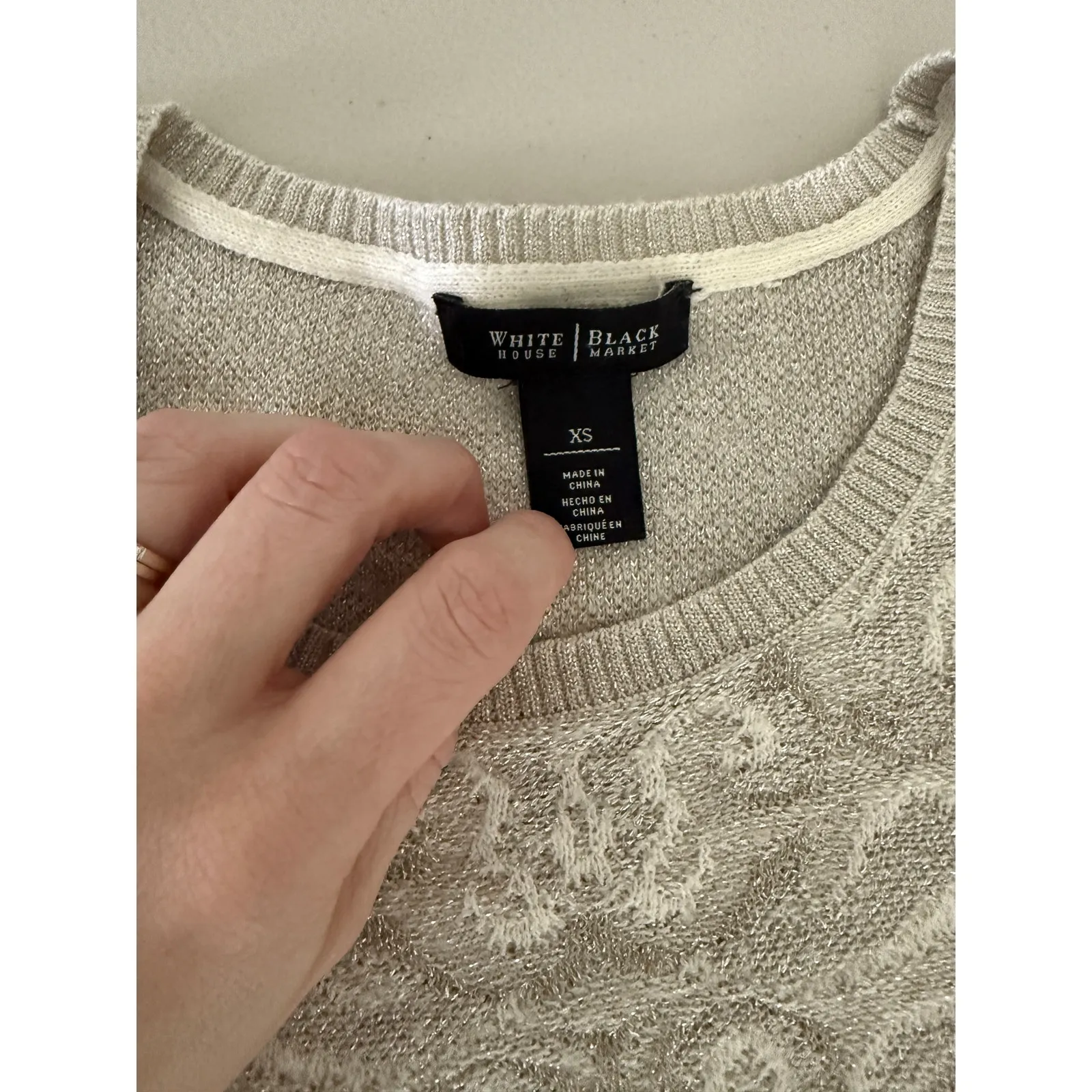 Women's White House Black Market Silver Metallic Wool Blend Jacquard Sweater XS - Image 5