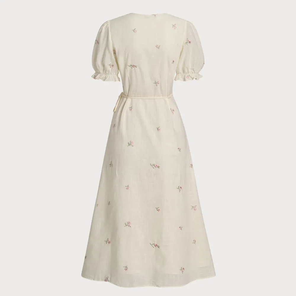 Rihoas Beige Embroidery Puffed Sleeve Wrap Midi Dress Size M - Image 8