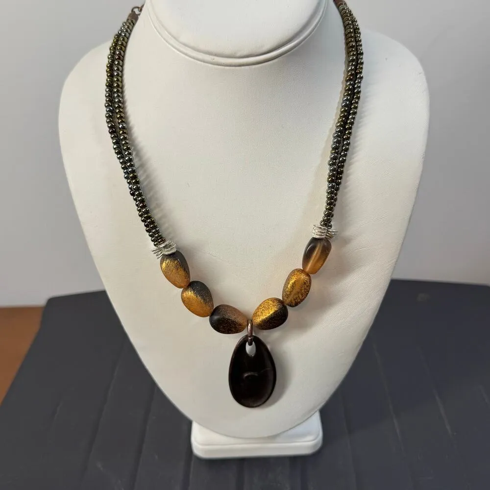 Chico's Brown & Copper Tone Pendant Necklace Metallic Beads - Image 3