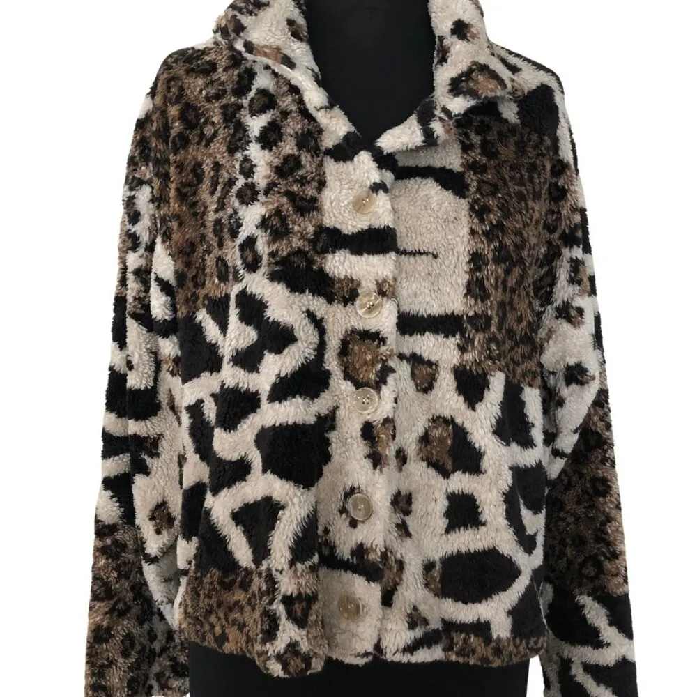 Supply & Demand Animal Print Sherpa Furry Jacket Cardigan Front Button sz S Brown - Image 2