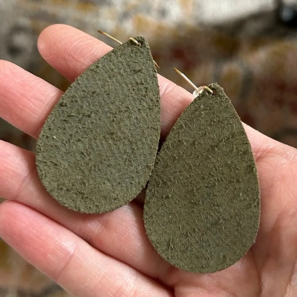 Nickel & Suede Desert Green Small Teardrop Leather Earrings Light Weight Texture - Image 3