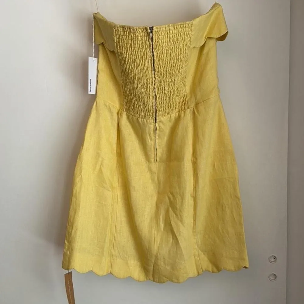 Reformation Isles Linen Mini Scallop Edge Strapless Dress Zest Yellow Sz 12 - Image 5
