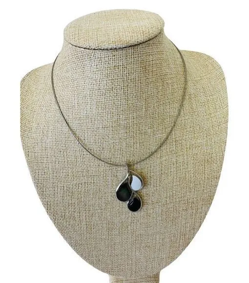 Lia Sophia Silver Tone Necklace Mother of Pearl Black White Tear Drops Pendant - Image 1