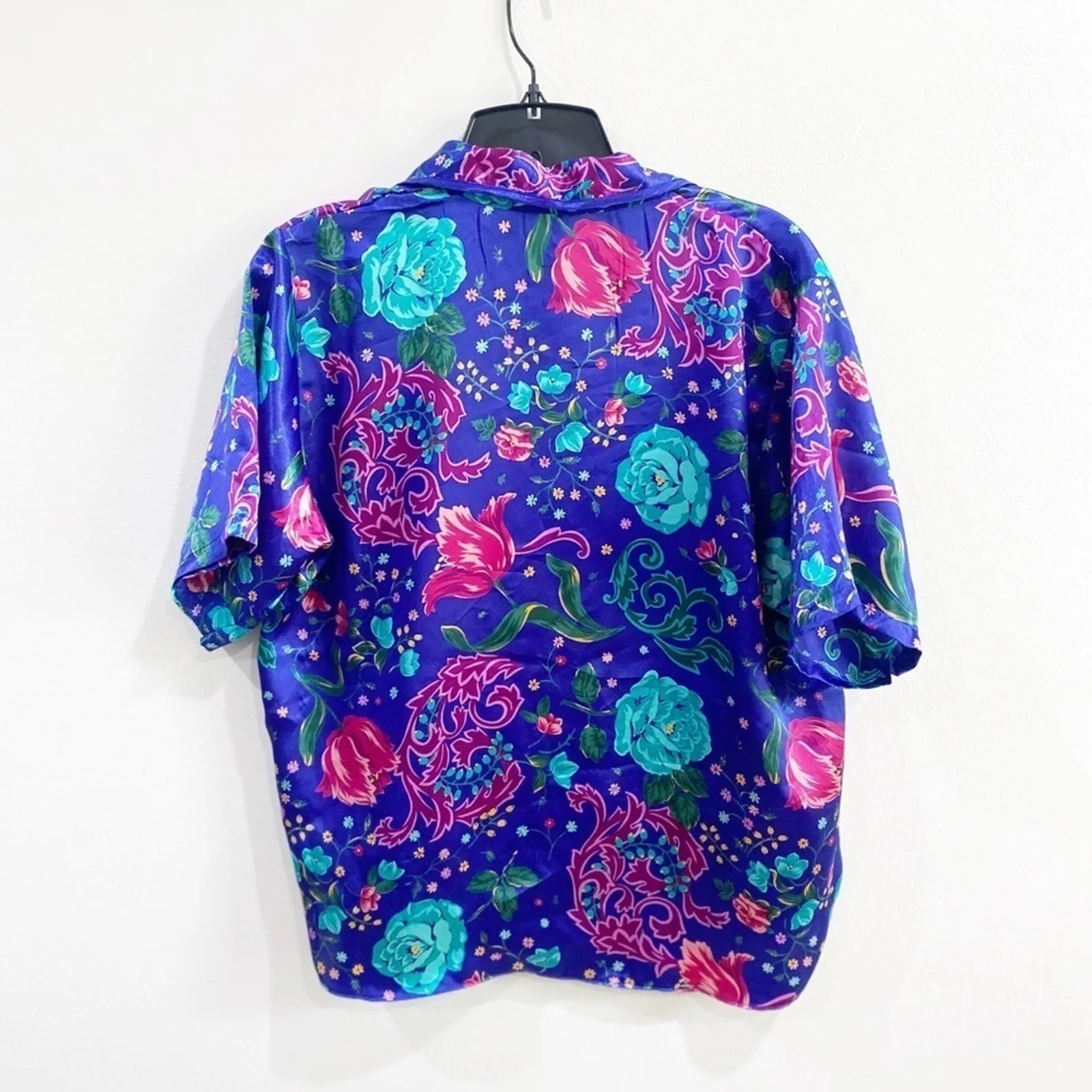 VTG 90s Floral Satin Pajama Top Size S Silky Boxy Button Blouse Boho Blue - Image 8